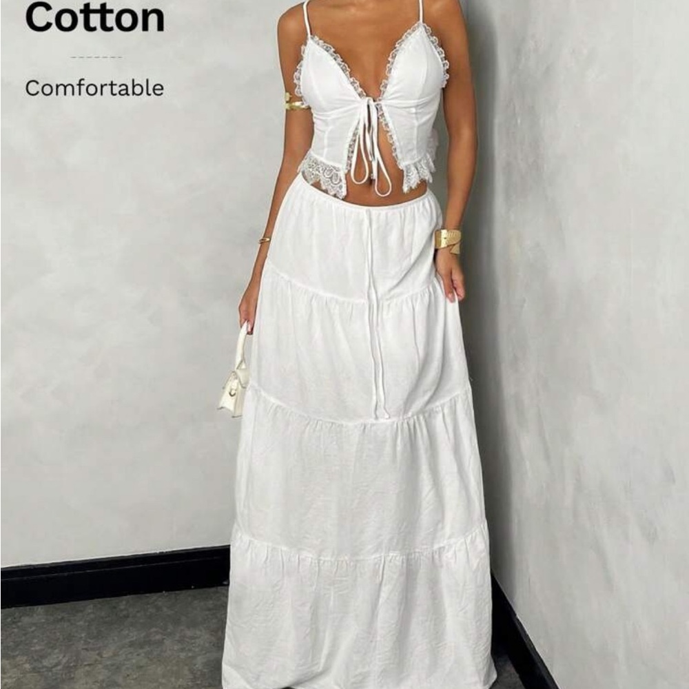 Elegant White Maxi Skirt and Lace Tie Strappy Top